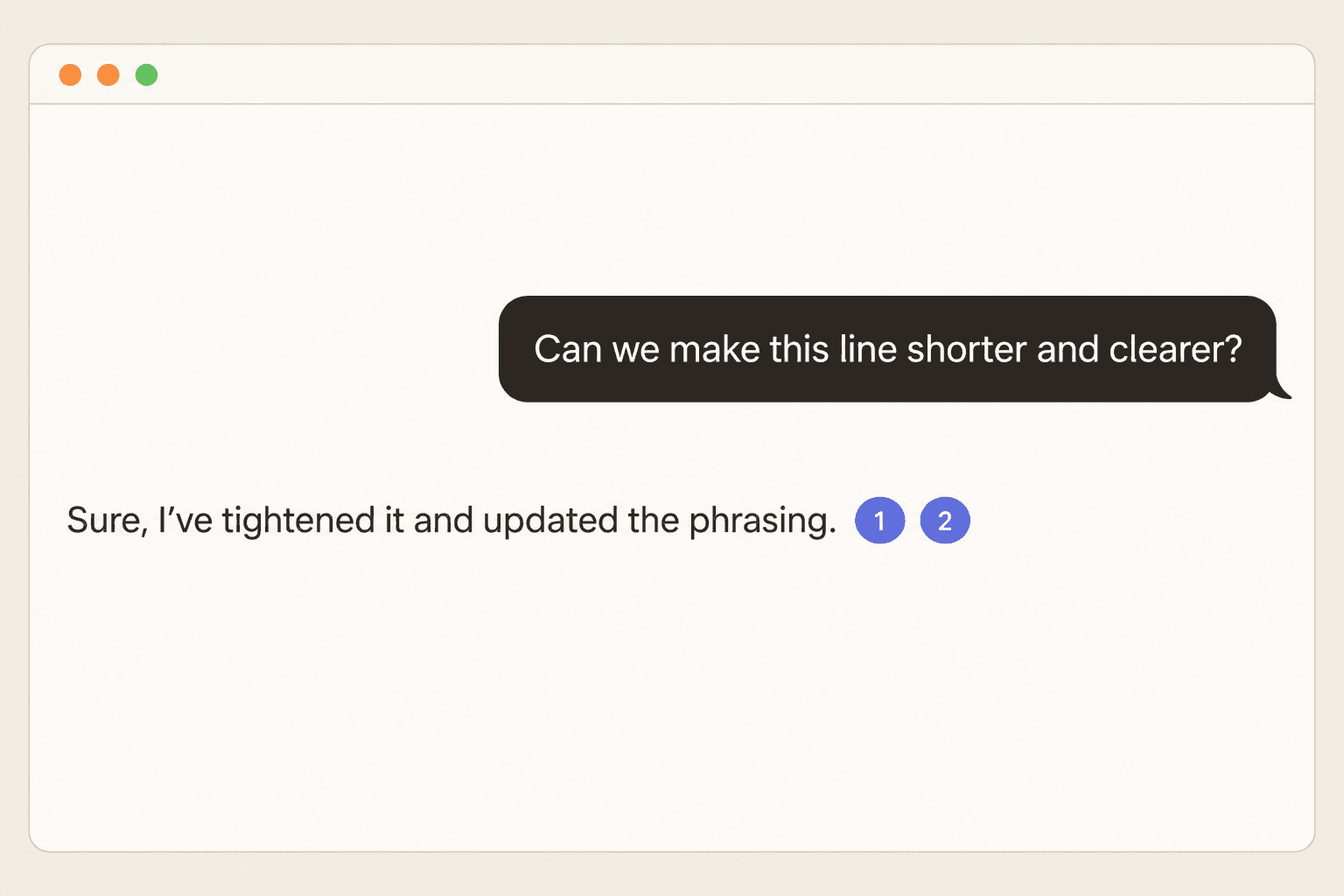 A chat window showing a user asking to shorten a line, and the agent's reply citing two claims