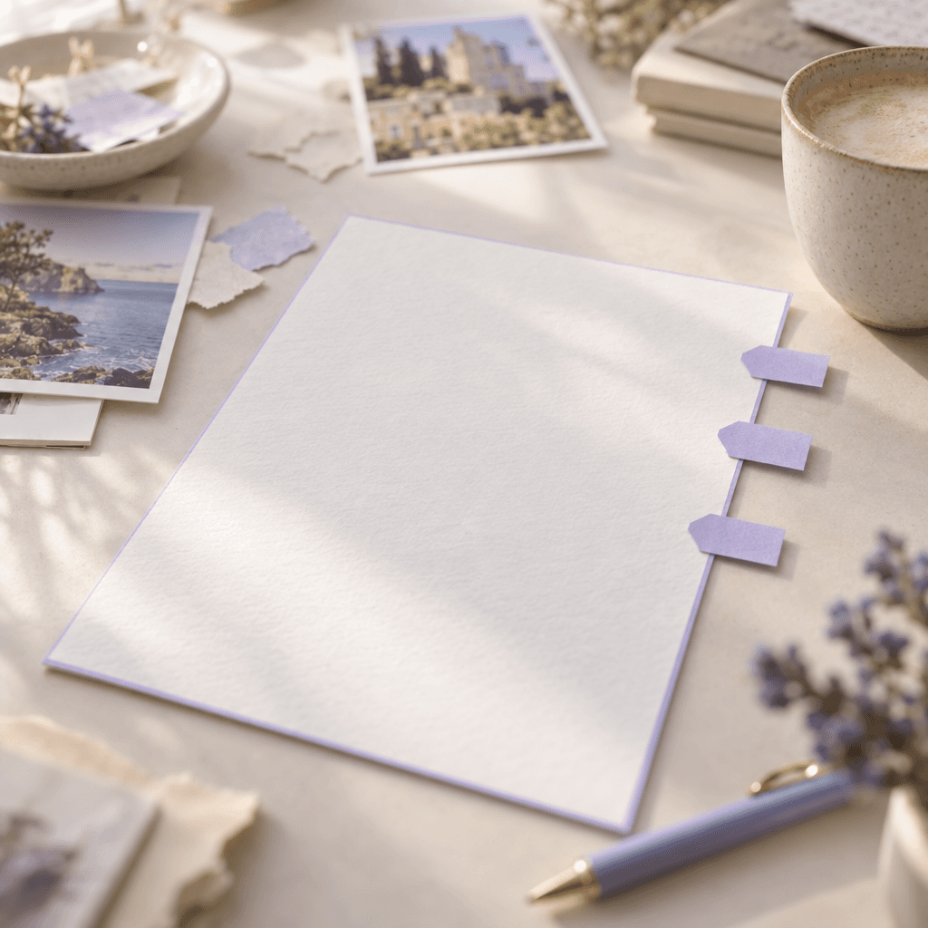 Hands sorting scattered sticky notes, screenshots and photos on a desk before any document exists